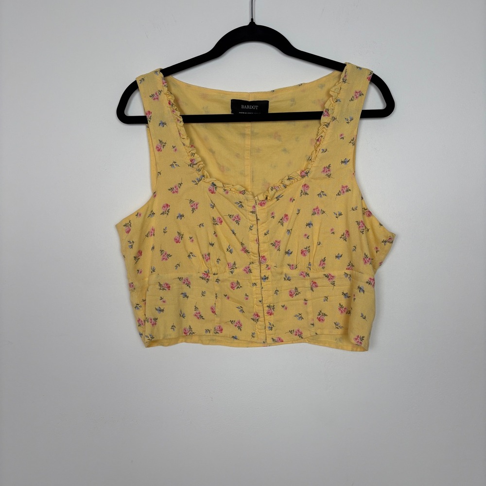 Bardot Yellow‎ Floral Ruffle Trim Button Front Crop Top 12 Boho Summer Cottage